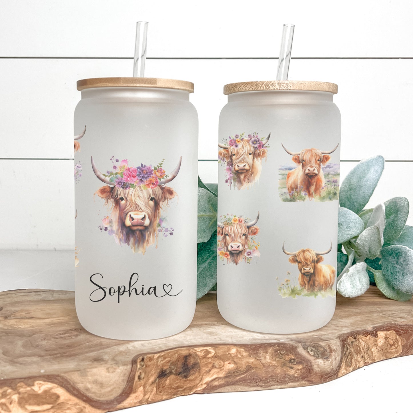 Personalized Highland Cow Frosted Glass Tumbler - Custom Iced Coffee Cup for Cow Lovers