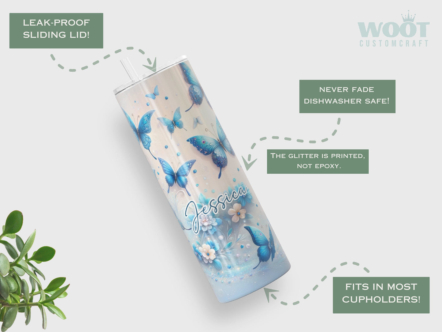 Personalized Glitter Blue Butterfly Tumbler - Gift for Butterfly Lovers and Women