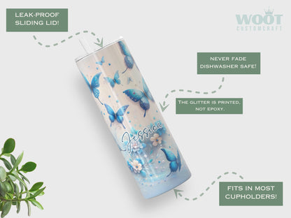 Personalized Glitter Blue Butterfly Tumbler - Gift for Butterfly Lovers and Women