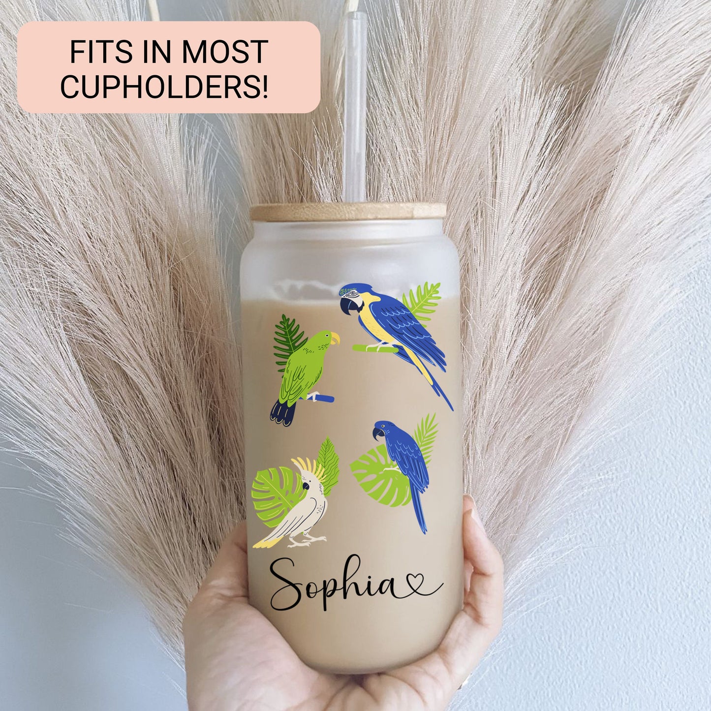 Personalized Parrot Frosted Glass Tumbler - Custom Tropical Iced Coffee Cup for Bird Lovers