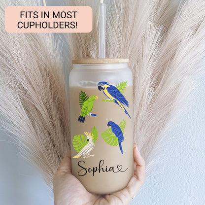 Personalized Parrot Frosted Glass Tumbler - Custom Tropical Iced Coffee Cup for Bird Lovers