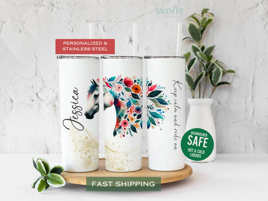 Three tumblers show all sides of a Horse Tumbler. There is a horse with flowers, glitter, and a personalized name.
