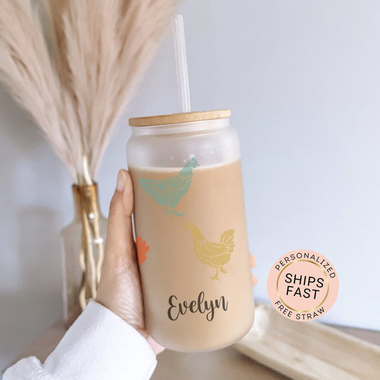 Personalized Chicken Frosted Glass Tumbler - Custom Iced Coffee Cup Gift