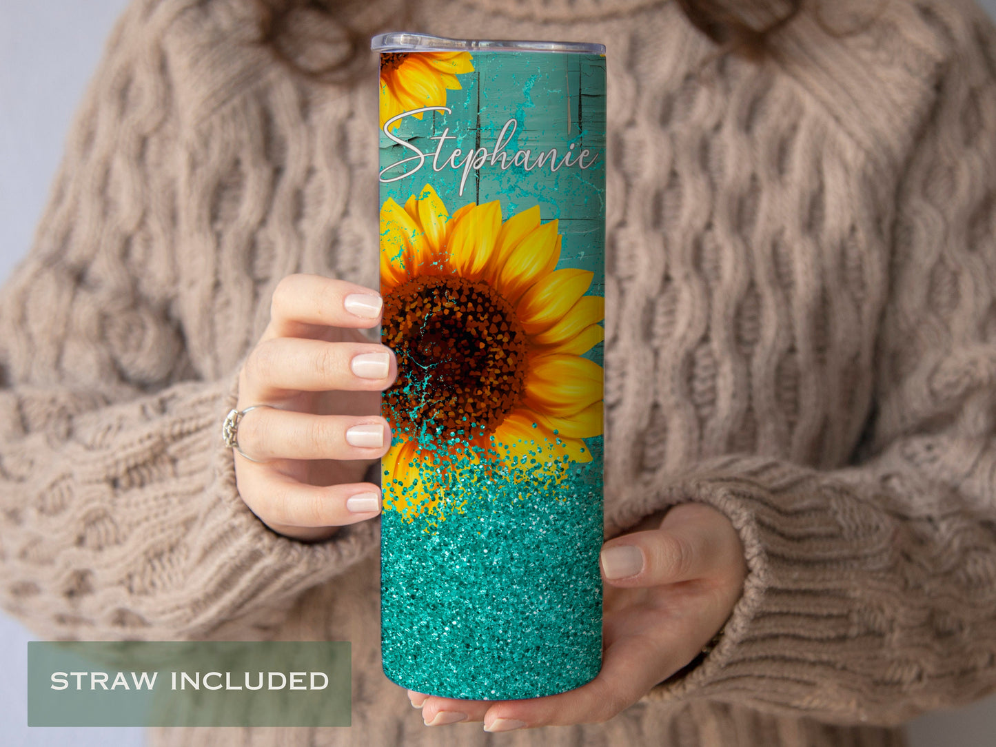 Personalized Teal Sunflower Tumbler - Gift for Her or Sunflower Lovers