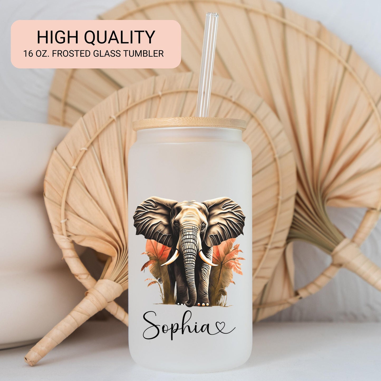 Personalized Elephant Glass Cup - Custom Frosted Iced Coffee Tumbler Gift for Her