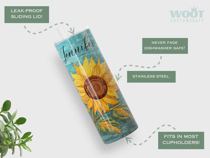 Personalized Sunflower Tumbler - Custom Teal Travel Mug for Sunflower Lovers