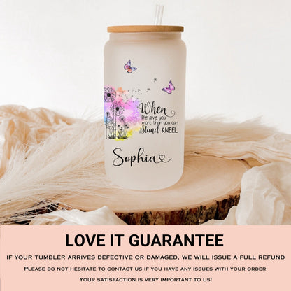 Personalized Butterfly Glass Tumbler - Custom Frosted Coffee Cup with Dandelion Design