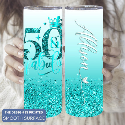 50 and Fabulous Tumbler 50th Birthday Party Supplies Birthday Gift for Women Gift for Friend Coworker Gift Insulated Tumbler Hot Cold Drink Tumbler Crown Glitter Tumbler Custom Name Cup