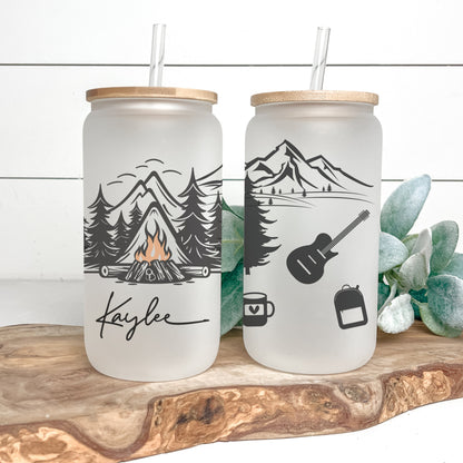 Personalized Camping Frosted Glass Tumbler - Custom Cup for Outdoor & Coffee Lovers
