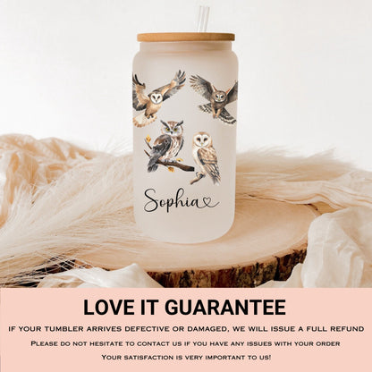 Personalized Owl Frosted Glass Cup - Custom Iced Coffee Tumbler for Owl Lovers