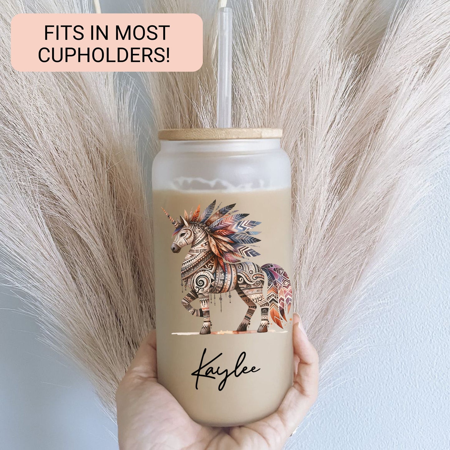 Personalized Unicorn Frosted Glass Cup - Custom Native Unicorn Tumbler for Iced Coffee Lovers