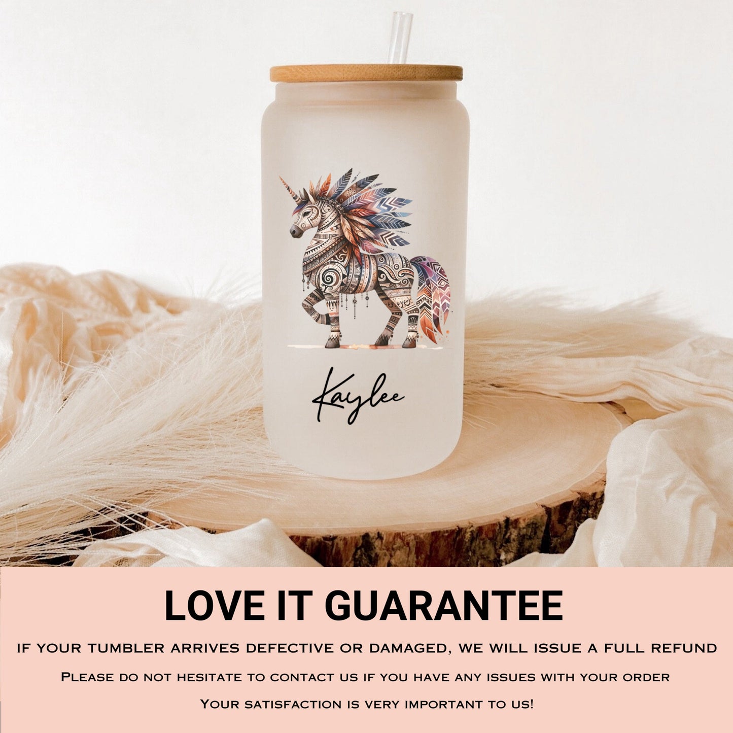 Personalized Unicorn Frosted Glass Cup - Custom Native Unicorn Tumbler for Iced Coffee Lovers