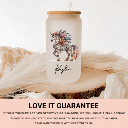 Personalized Unicorn Frosted Glass Cup - Custom Native Unicorn Tumbler for Iced Coffee Lovers