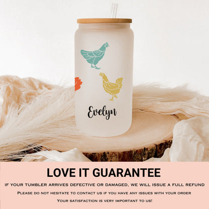Personalized Chicken Frosted Glass Tumbler - Custom Iced Coffee Cup Gift