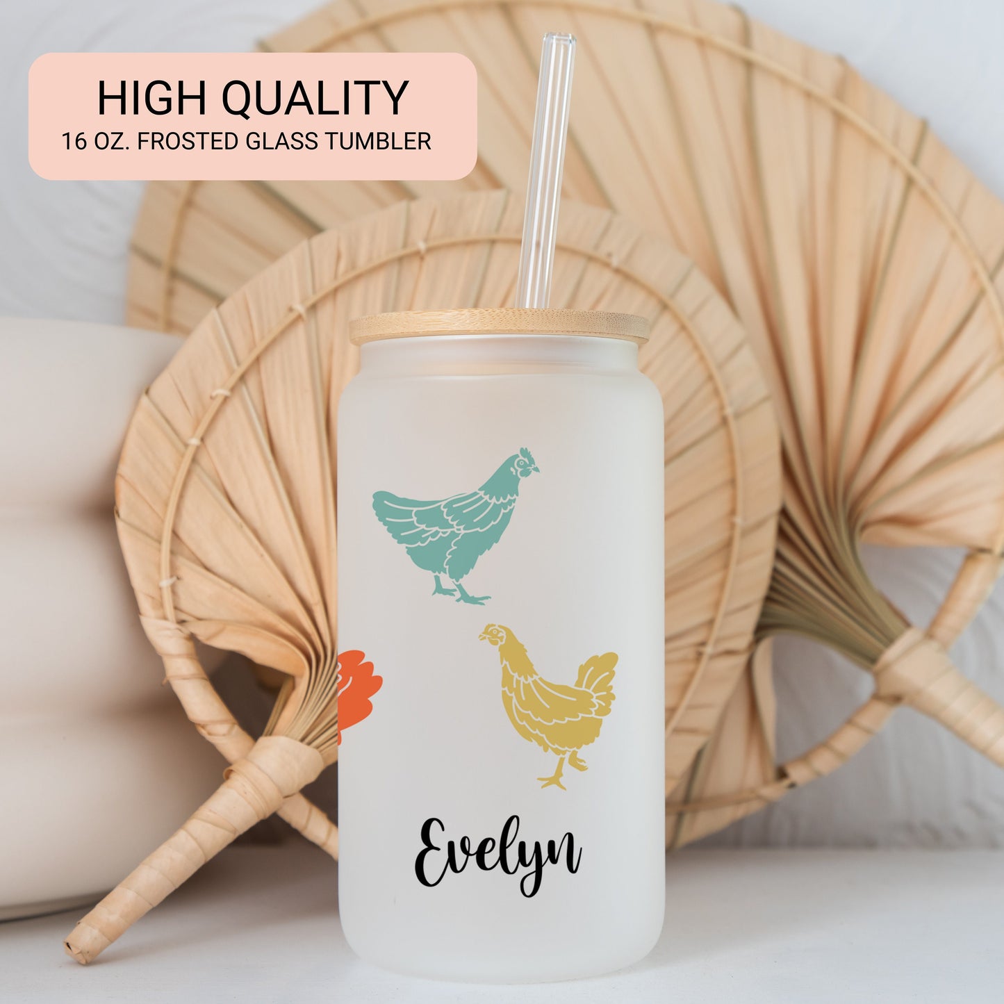 Personalized Chicken Frosted Glass Tumbler - Custom Iced Coffee Cup Gift