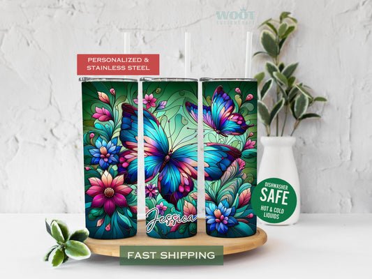 Three tumblers show all the sizes of floral stained glass butterfly tumblers with a personalized name.