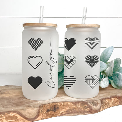 Heart Cup Personalized, B&W Heart Glass Cup, Custom Heart Frosted Glass Cup, Heart Glass Tumbler B and W, Heart Iced Coffee Cup Love Cup