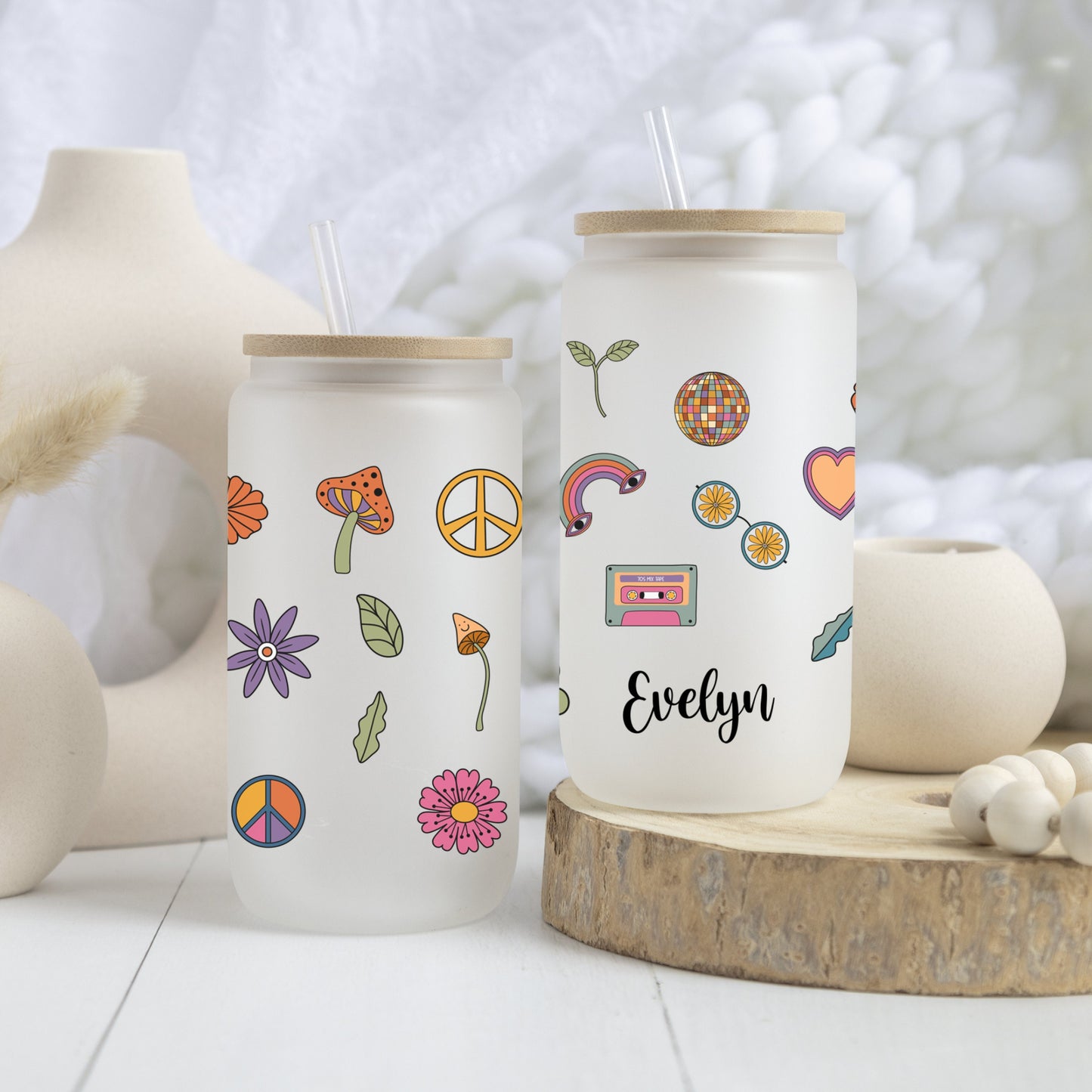 Personalized Retro Flower Glass Cup - Custom Frosted Iced Coffee Tumbler