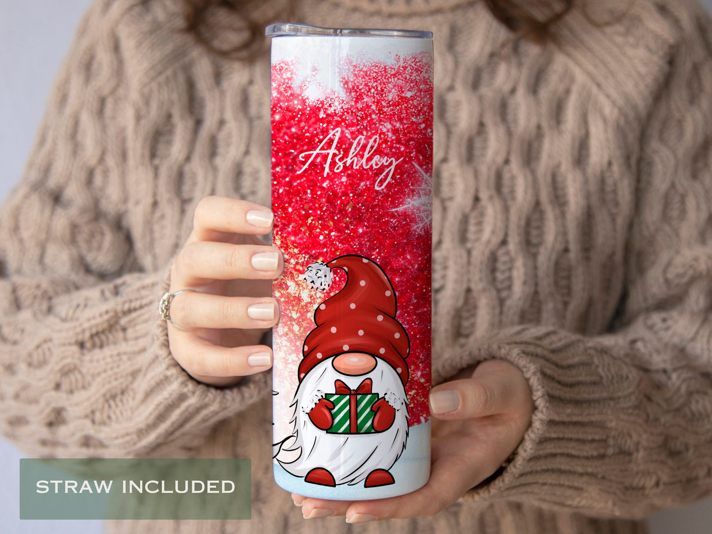 Personalized Christmas Gnome Tumbler - Snowflake Winter Gift for Her