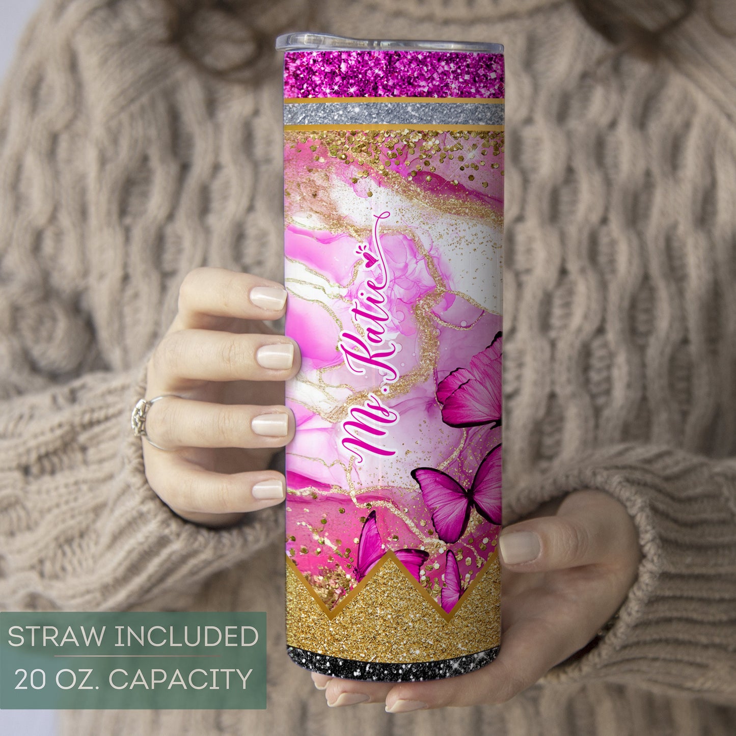 Personalized Teacher Butterfly Glitter Tumbler - Pink Pencil Travel Cup Gift for Educators