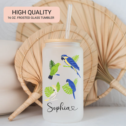 Personalized Parrot Frosted Glass Tumbler - Custom Tropical Iced Coffee Cup for Bird Lovers
