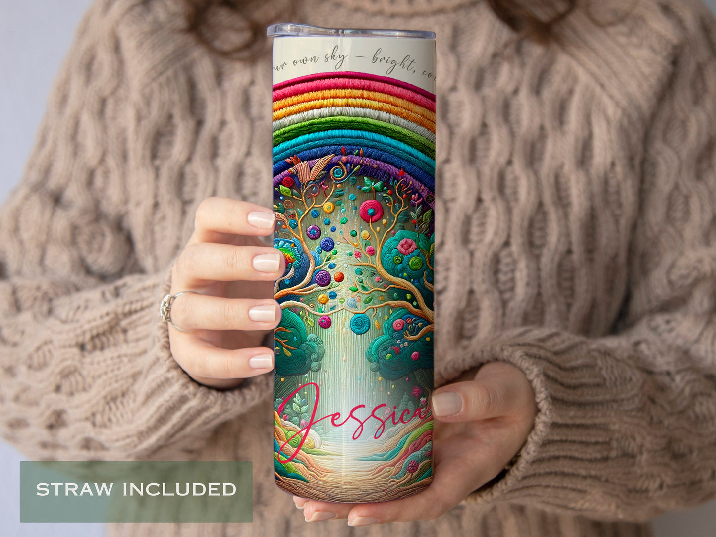 Personalized Rainbow Embroidered Tumbler - Unique Gift for Her