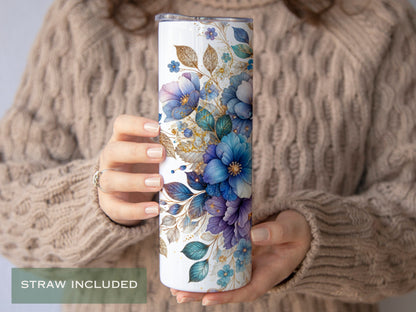 Personalized Purple Floral Glitter Tumbler - Fall Gift for Her or Purple Lovers
