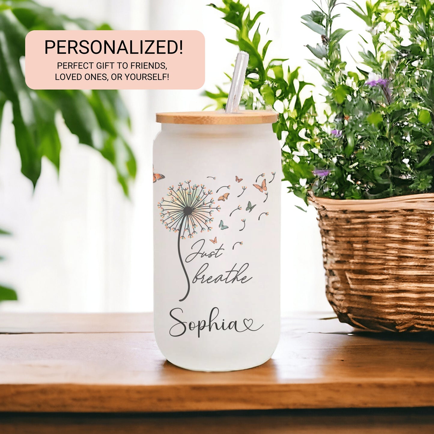 Personalized Just Breathe Frosted Glass Cup - Custom Engraved Can Gift