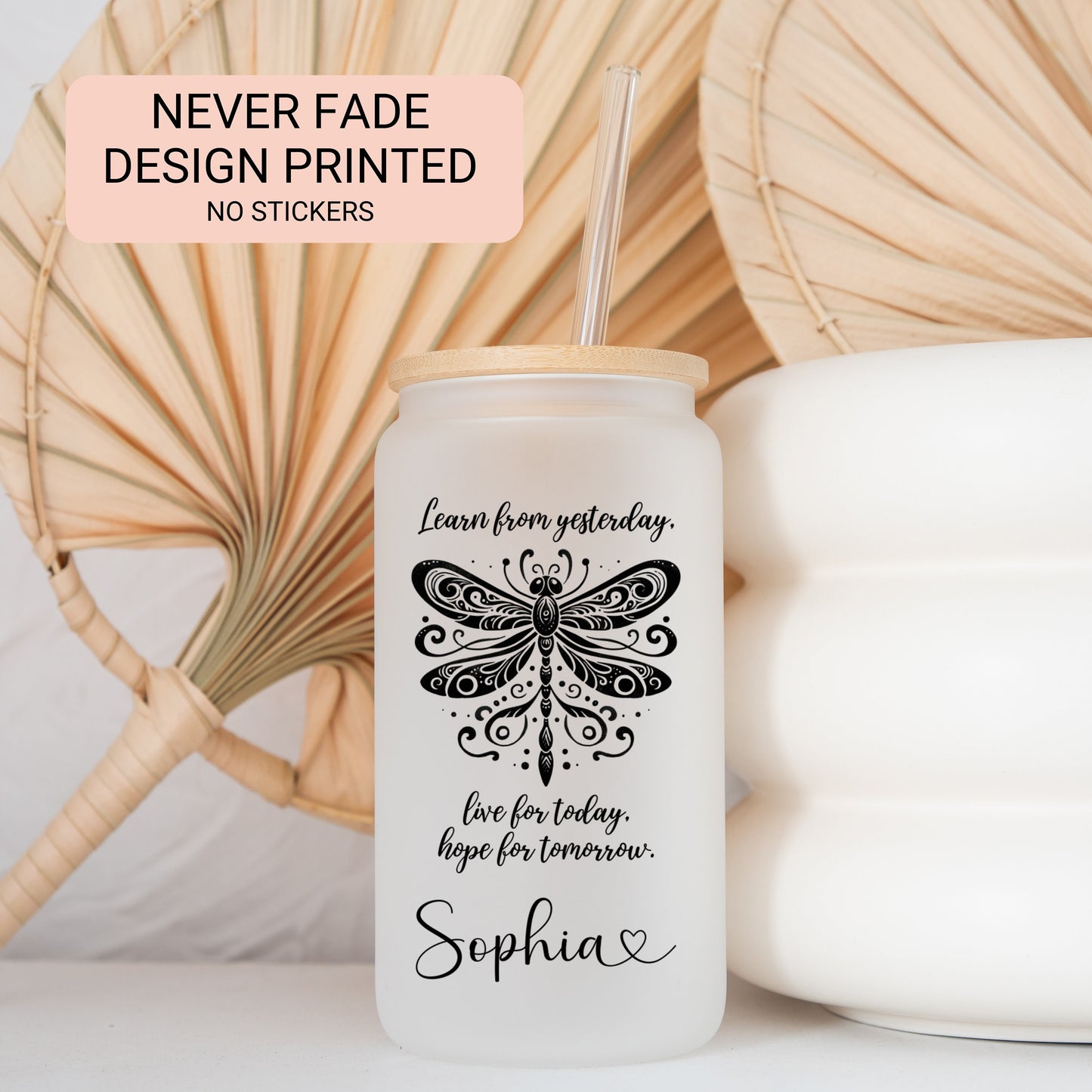 Personalized Dragonfly Glass Cup - Custom Frosted Coffee Mug with Quote