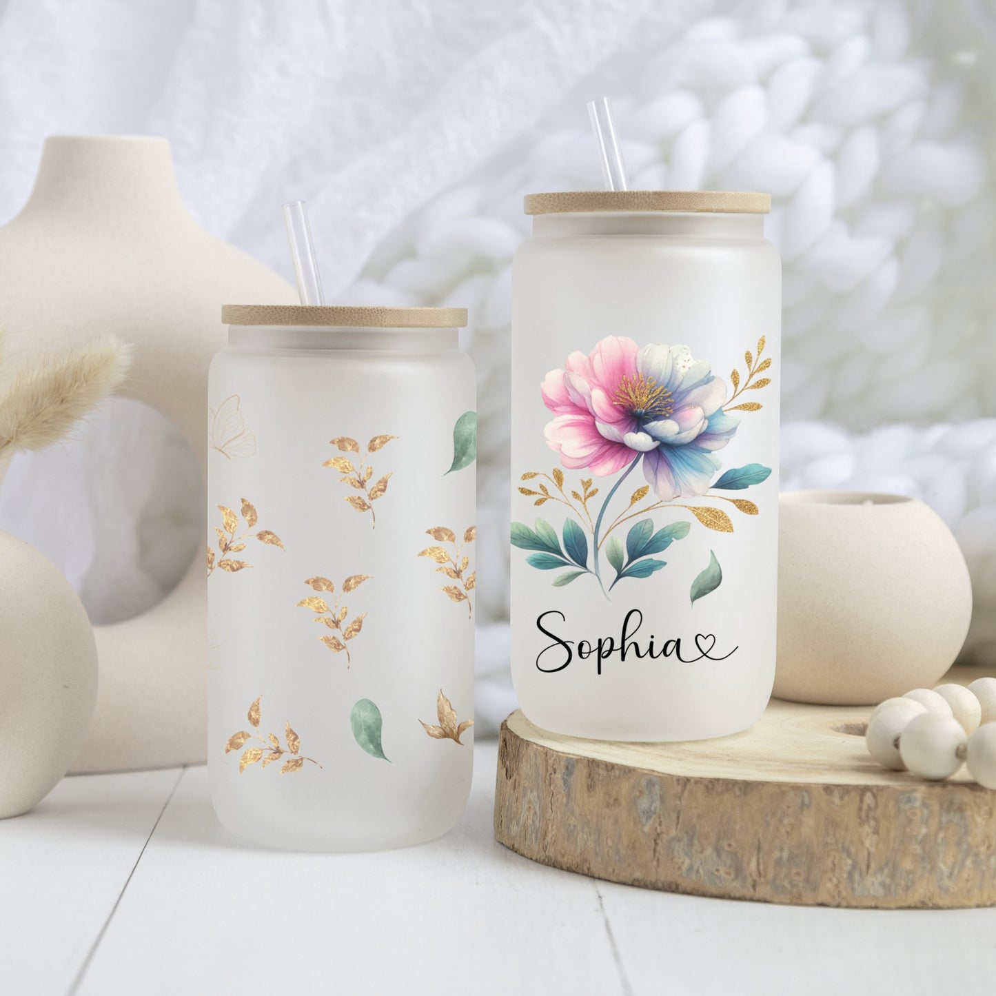 Custom Pastel Floral Frosted Glass Cup - Stylish Iced Coffee Tumbler