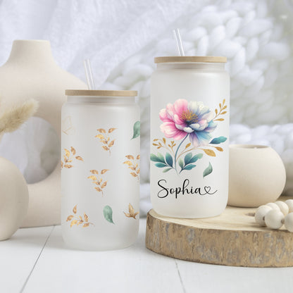 Custom Pastel Floral Frosted Glass Cup - Stylish Iced Coffee Tumbler