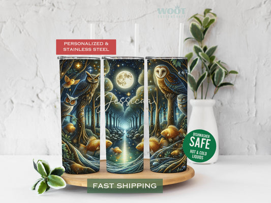 Three tumblers show all sides of a magical forest tumbler personalized with a name.