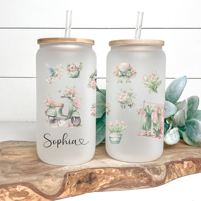 Personalized Romantic Frosted Glass Tumbler - Custom Floral Iced Coffee Cup