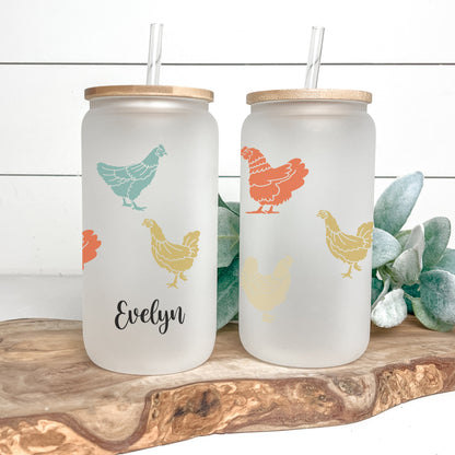 Personalized Chicken Frosted Glass Tumbler - Custom Iced Coffee Cup Gift