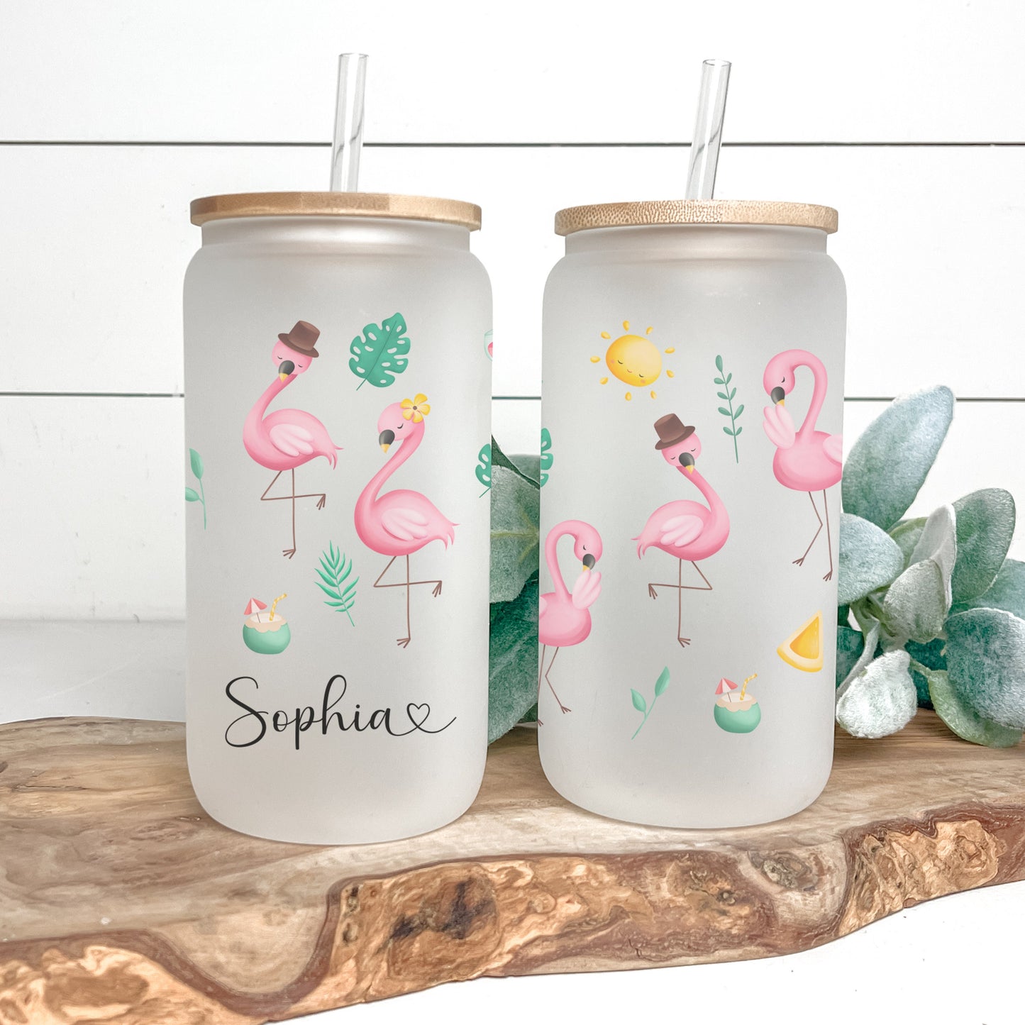 Personalized Flamingo Frosted Glass Tumbler - Custom Iced Coffee Cup