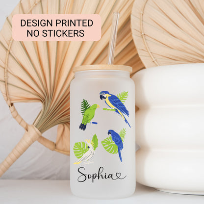 Personalized Parrot Frosted Glass Tumbler - Custom Tropical Iced Coffee Cup for Bird Lovers
