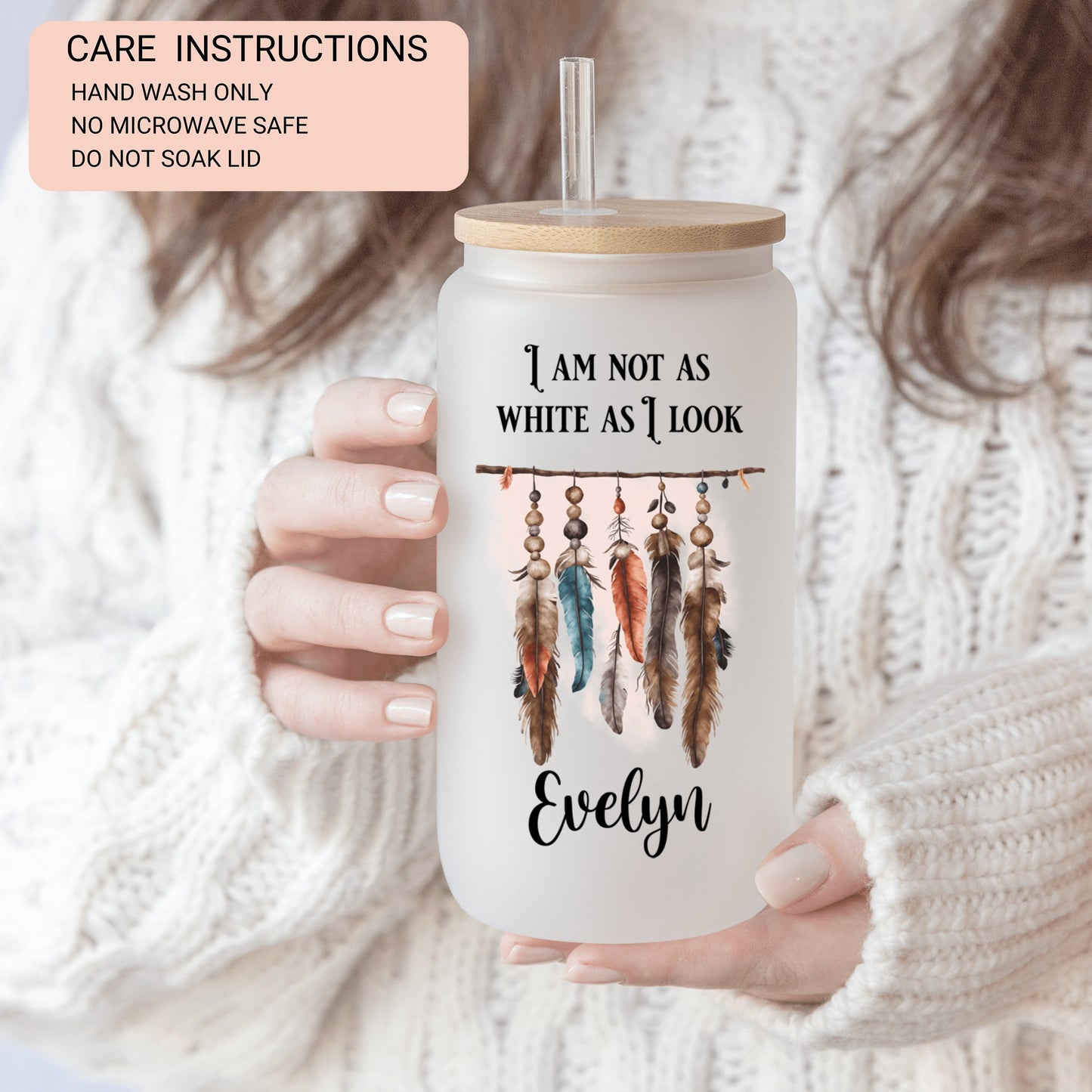 Custom Native American Frosted Glass Cup - Personalized Iced Coffee Drinkware