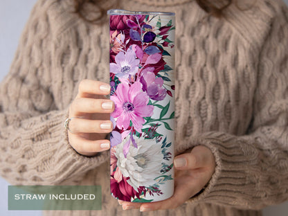 Purple Floral Tumbler - Personalized Fall Gift for Her or Purple Lovers