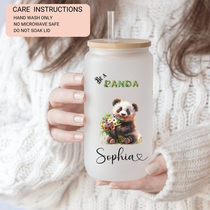 Personalized Panda Glass Cup - Custom Frosted Tumbler for Coffee Lovers