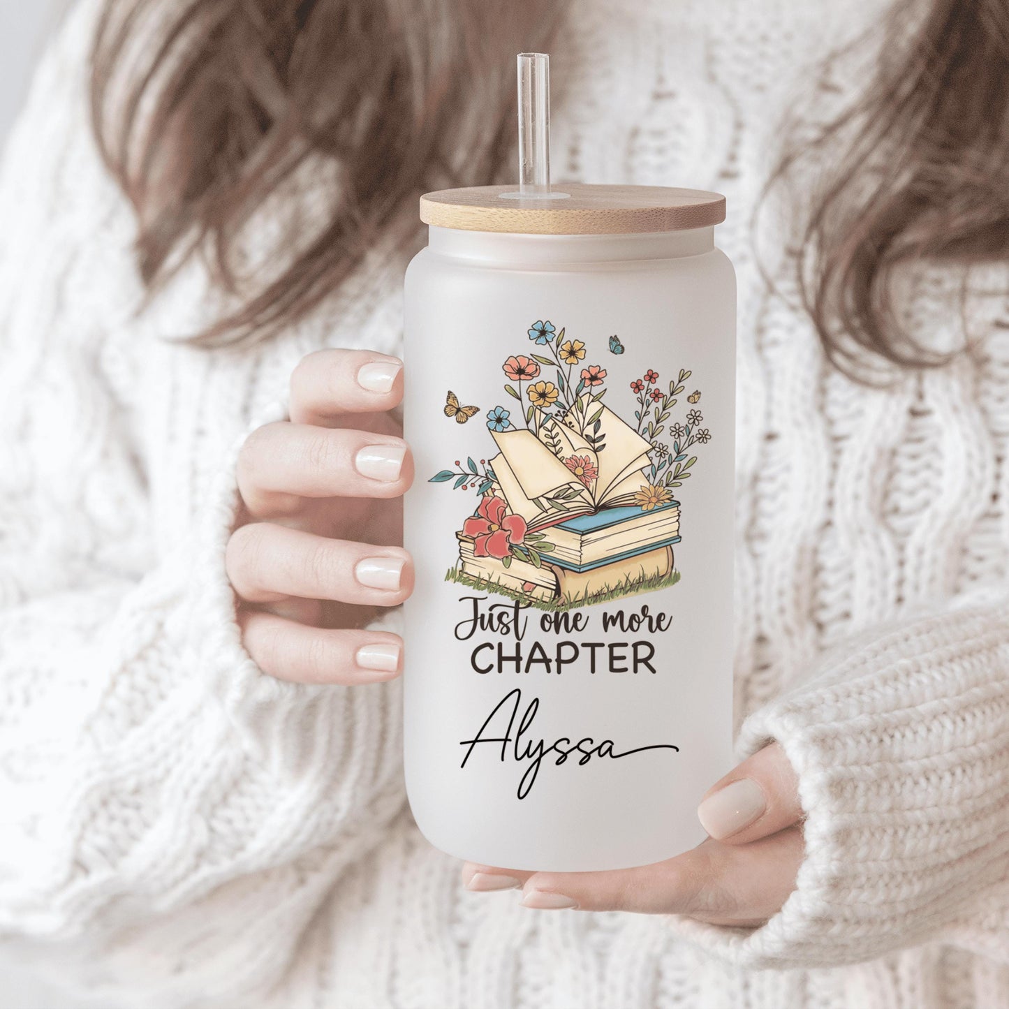 Custom book-themed glass tumbler with lid and straw ideal as a unique gift for avid readers or book club members