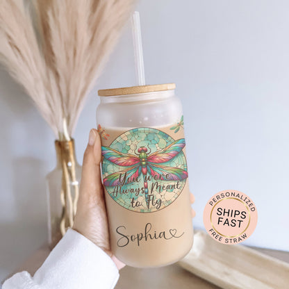 Personalized Dragonfly Glass Cup - Custom Frosted Tumbler for Coffee Lovers