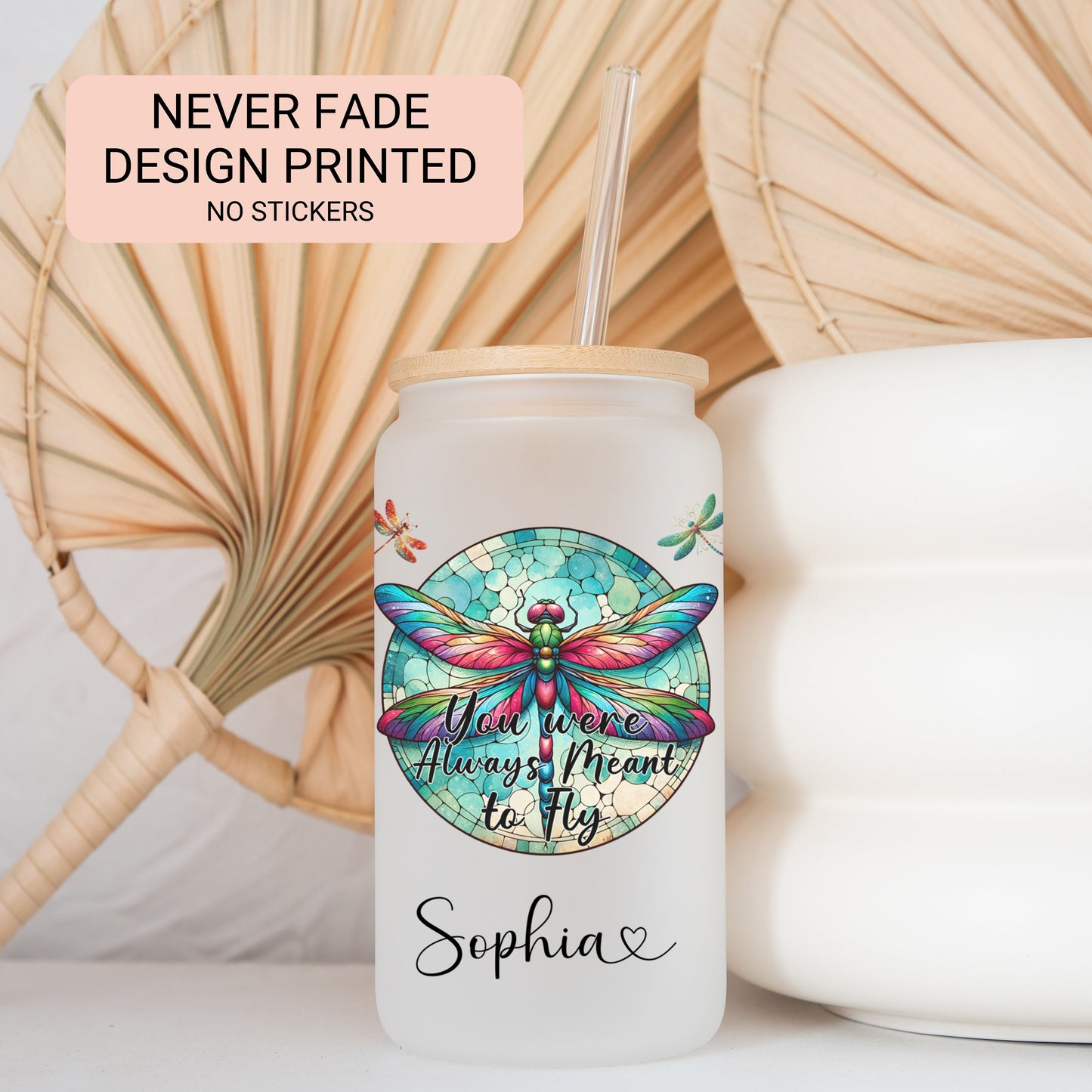 Personalized Dragonfly Glass Cup - Custom Frosted Tumbler for Coffee Lovers