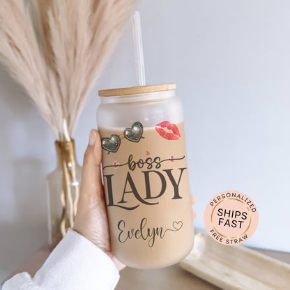 Lady Boss Cup Personalized, Lady Boss Glass Cup, Custom Lady Boss Frosted Glass Cup, Lady Boss Glass Tumbler, Lady Boss Iced Coffee Cup