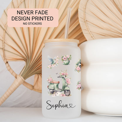 Personalized Romantic Frosted Glass Tumbler - Custom Floral Iced Coffee Cup