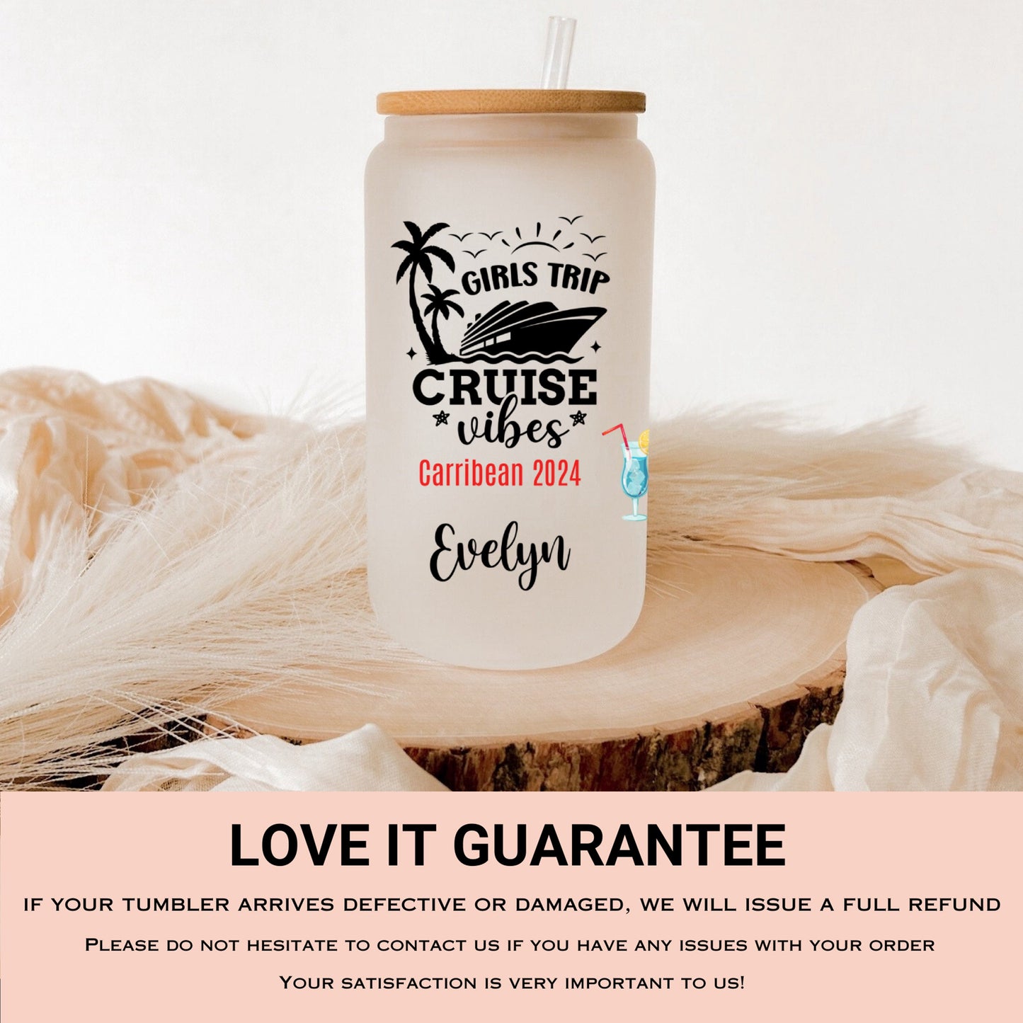 Personalized Frosted Glass Cup - Custom Cruise Tumbler for Girls Trip