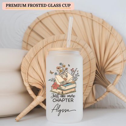Frosted glass cup with a book lover design perfect for sipping coffee while enjoying a favorite novel