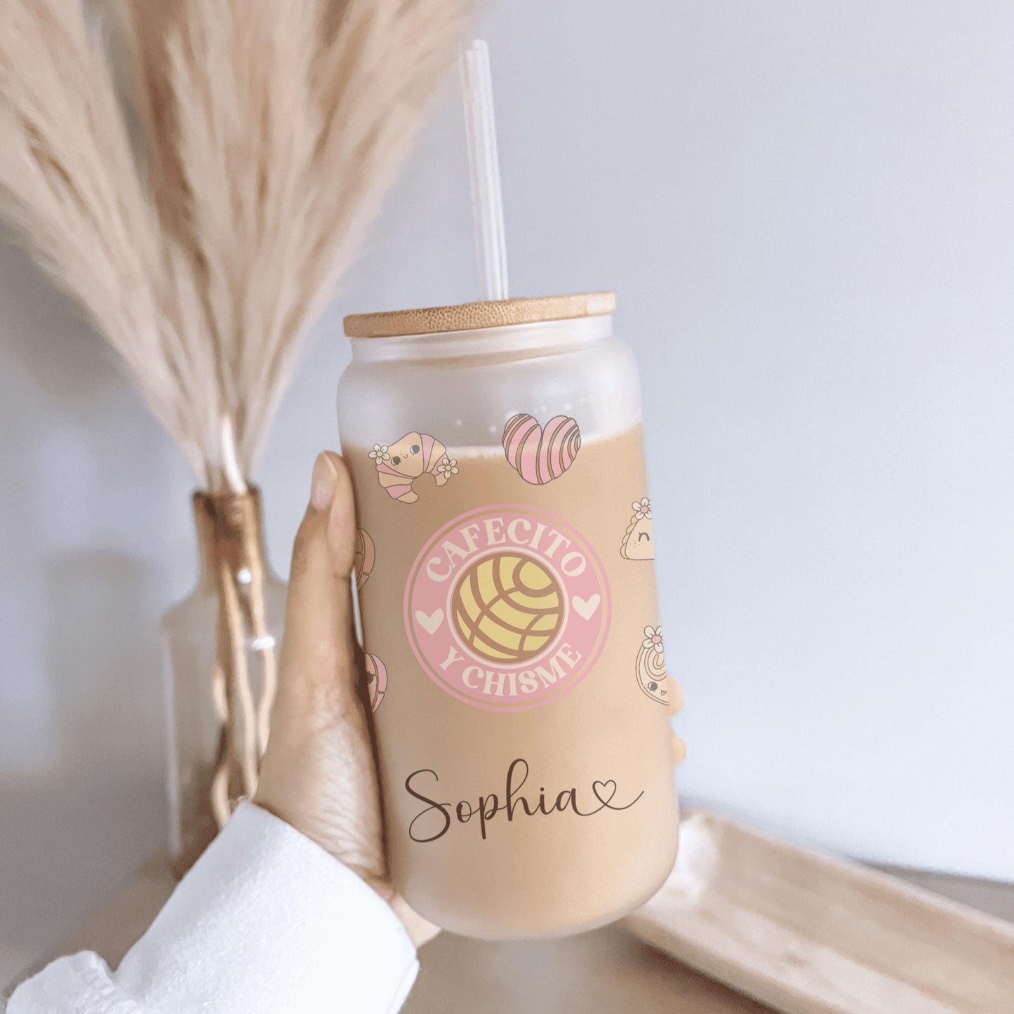 Frosted glass can cup with bamboo lid designed for enjoying cafecito while sharing chisme with friends