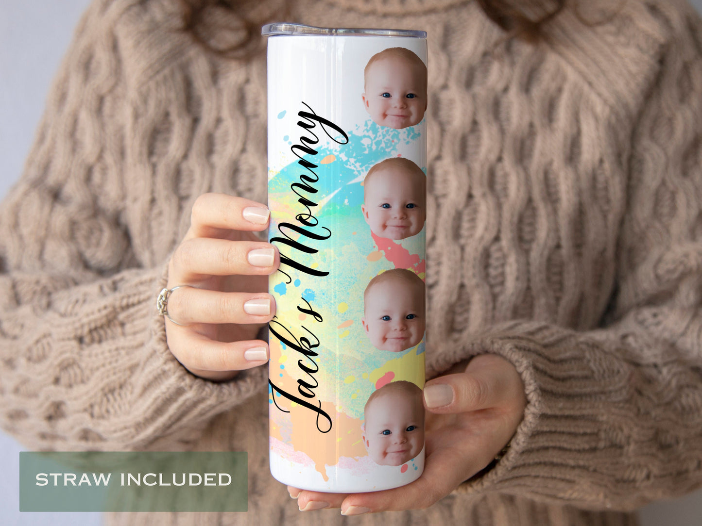 Personalized Watercolor Baby Face Tumbler - Custom Photo Cup for Mom or Grandma