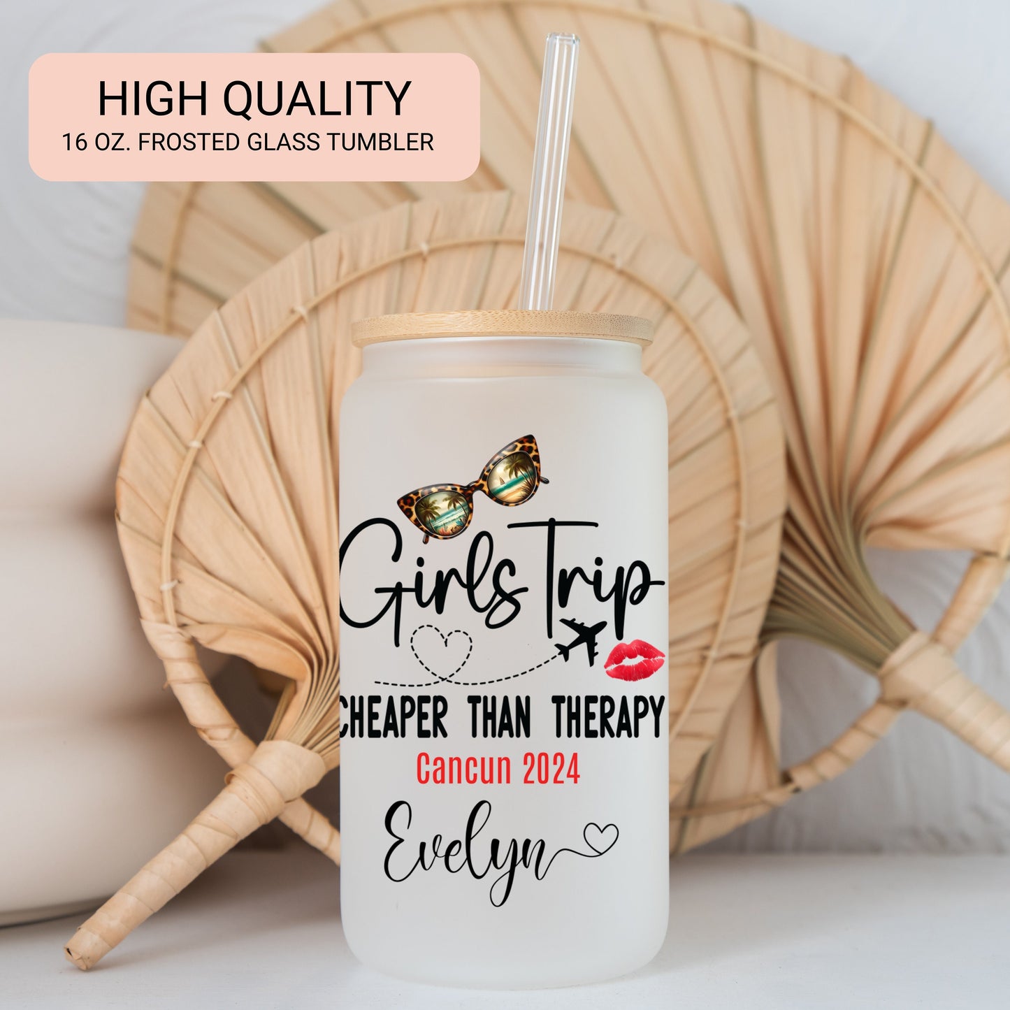 Personalized Girls Trip Frosted Glass Tumbler - Custom Iced Coffee Cup for Travel Memories