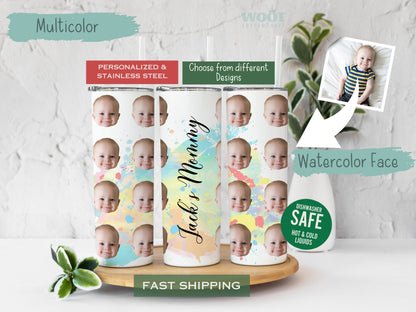 3 Tumblers show all sideof a Watercolor Baby Face Tumbler Personalized.